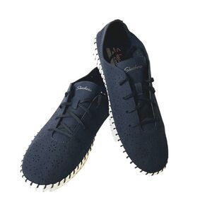 SKECHERS Air Cooled Memory Foam Womens 10 Navy Blue Fabric Lace Up Sneaker Flats